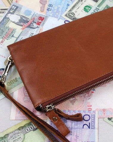 Handmade men leather Vintage brown zip wallet men long wallet purse clutch