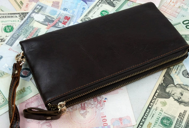 Handmade men leather Vintage brown zip wallet men long wallet purse clutch