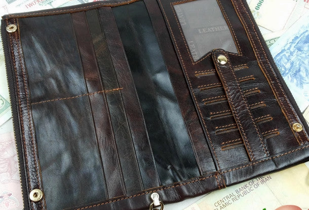 Handmade men leather Vintage brown zip wallet men long wallet purse clutch