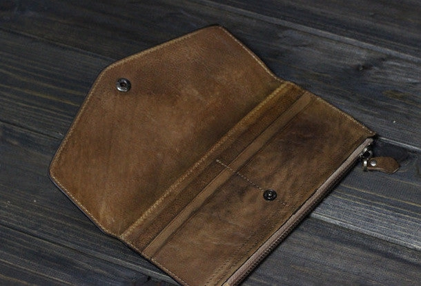 Handmade Men long leather wallet clutch men envelop vintage gray brown wallet for him