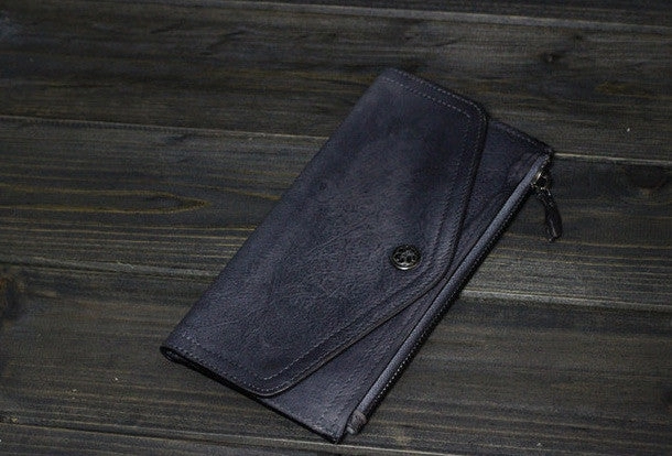 Handmade Men long leather wallet clutch men envelop vintage gray brown wallet for him