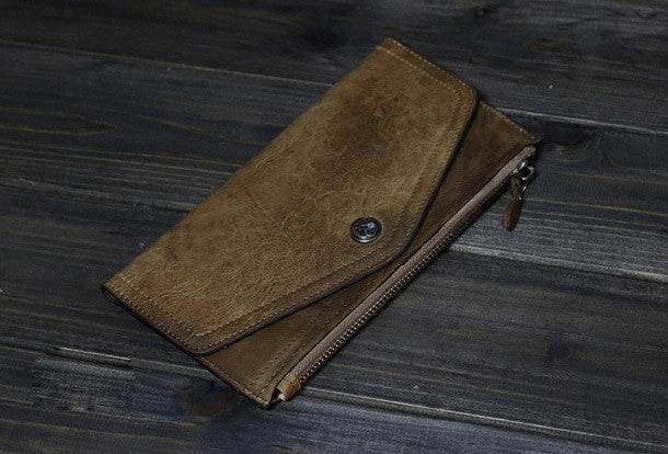 Handmade Men long leather wallet clutch men envelop vintage gray brown wallet for him