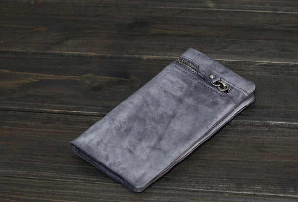 Handmade Men long leather wallet clutch men vintage gray brown wallet for him