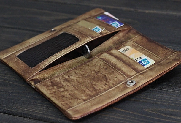 Handmade Men long leather wallet clutch men vintage gray brown wallet for him
