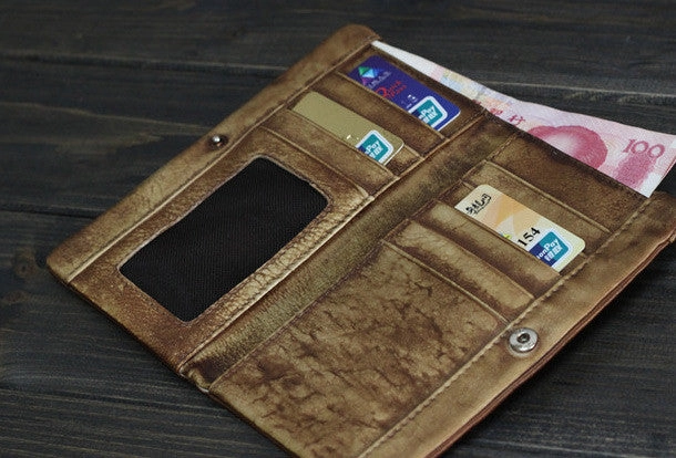 Handmade Men long leather wallet clutch men vintage gray brown wallet for him