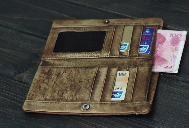 Handmade Men long leather wallet clutch men vintage gray brown wallet for him