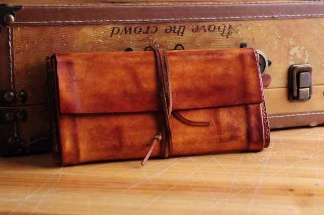 Handmade men vintage rustic simple envelope Stitched leather long wallet Clutch for men