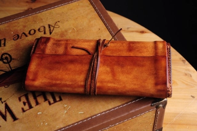 Handmade men vintage rustic simple envelope Stitched leather long wallet Clutch for men