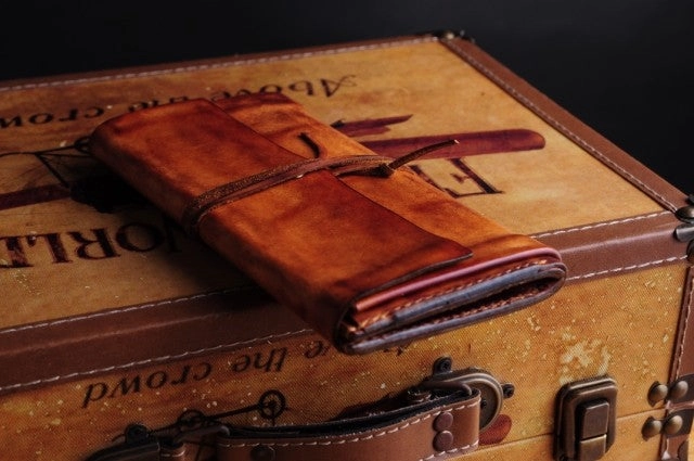 Handmade men vintage rustic simple envelope Stitched leather long wallet Clutch for men