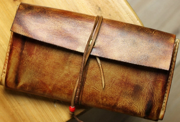 Handmade men vintage rustic simple envelope Stitched leather long wallet Clutch for men