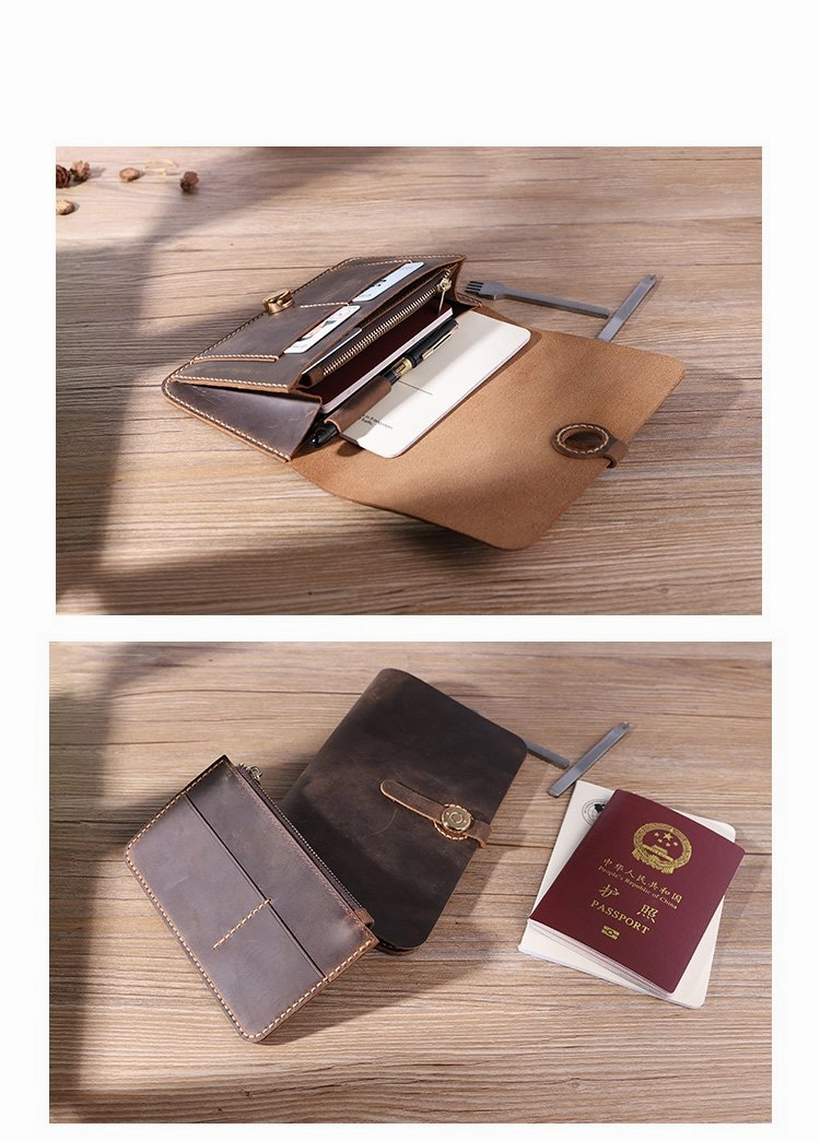 Handmade Mens Clutch Travel Wallets Personalized Coffee Leather Passport Wallets for Men