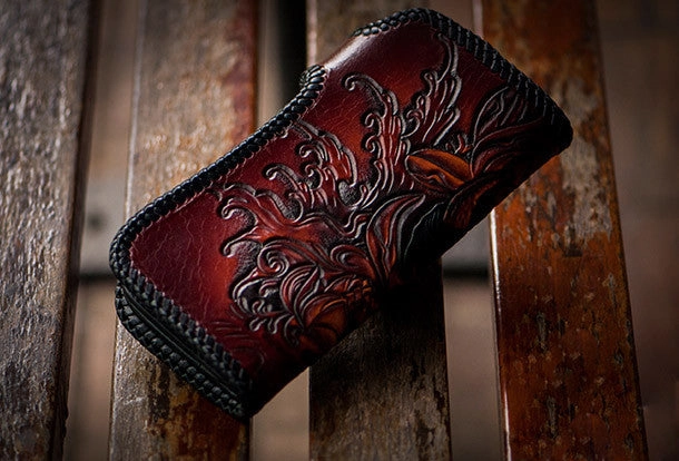 Handmade red brown leather prajna carved biker wallet Long wallet clutch for men