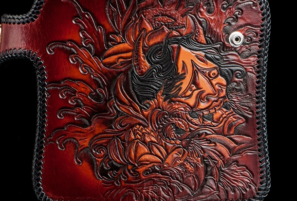 Handmade red brown leather prajna carved biker wallet Long wallet clutch for men