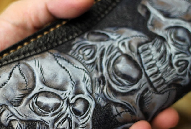 Handmade tooled biker wallet leather black blue skull carved chain wallet Long wallet clutch for men