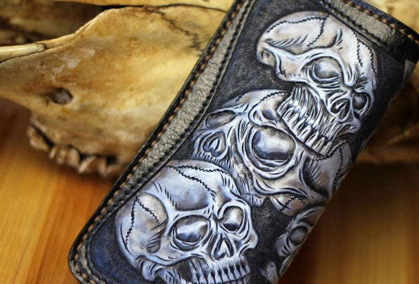 Handmade tooled biker wallet leather black blue skull carved chain wallet Long wallet clutch for men