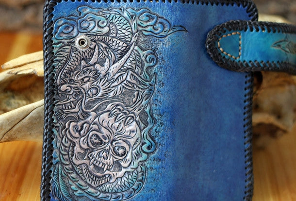 Handmade Tooled Chain Wallet biker wallet leather blue brown skull carved biker wallet Long wallet clutch for men
