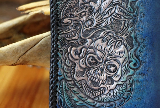 Handmade Tooled Chain Wallet biker wallet leather blue brown skull carved biker wallet Long wallet clutch for men