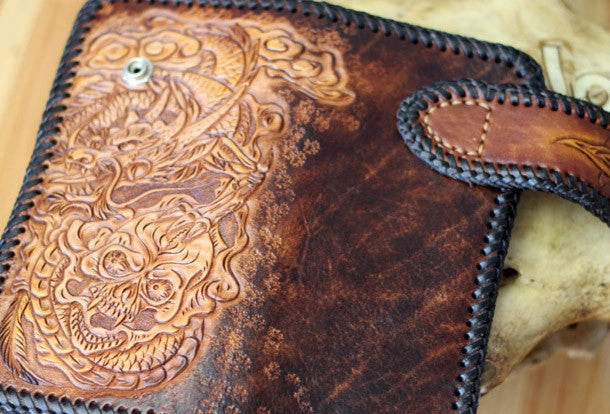 Handmade Tooled Chain Wallet biker wallet leather blue brown skull carved biker wallet Long wallet clutch for men