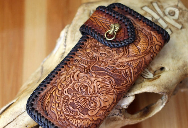 Handmade Tooled Chain Wallet biker wallet leather blue brown skull carved biker wallet Long wallet clutch for men
