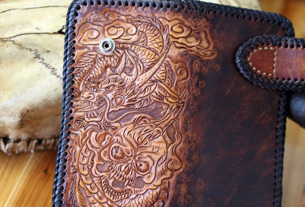 Handmade Tooled Chain Wallet biker wallet leather blue brown skull carved biker wallet Long wallet clutch for men