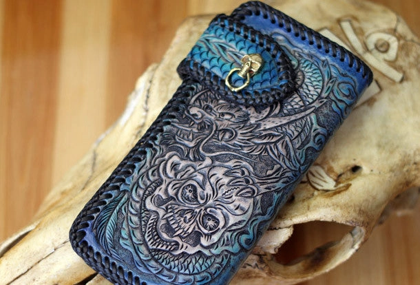 Handmade Tooled Chain Wallet biker wallet leather blue brown skull carved biker wallet Long wallet clutch for men