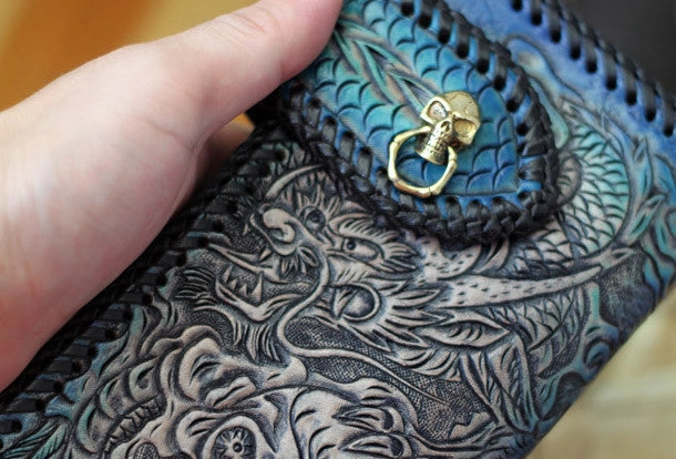 Handmade Tooled Chain Wallet biker wallet leather blue brown skull carved biker wallet Long wallet clutch for men