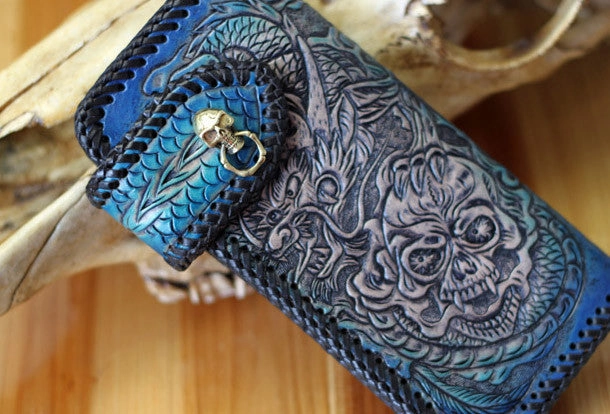 Handmade Tooled Chain Wallet biker wallet leather blue brown skull carved biker wallet Long wallet clutch for men
