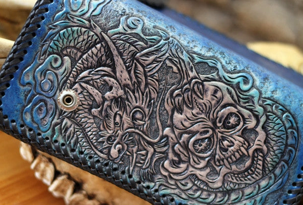 Handmade Tooled Chain Wallet biker wallet leather blue brown skull carved biker wallet Long wallet clutch for men