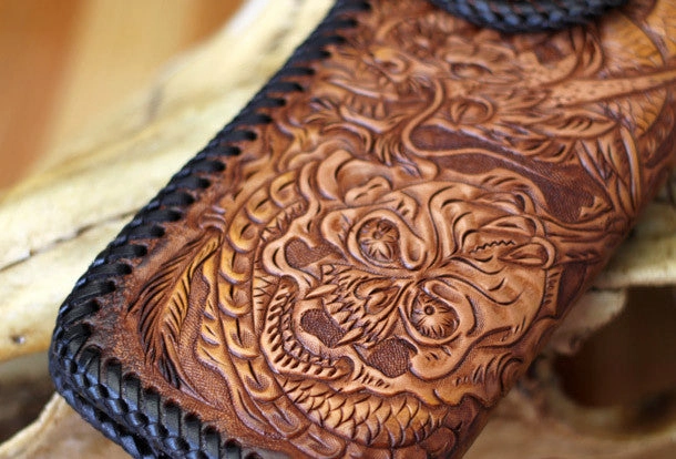 Handmade Tooled Chain Wallet biker wallet leather blue brown skull carved biker wallet Long wallet clutch for men