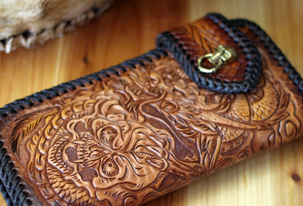 Handmade Tooled Chain Wallet biker wallet leather blue brown skull carved biker wallet Long wallet clutch for men
