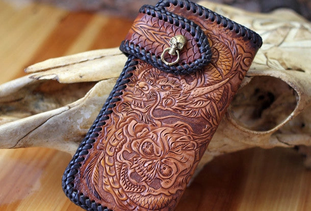Handmade Tooled Chain Wallet biker wallet leather blue brown skull carved biker wallet Long wallet clutch for men