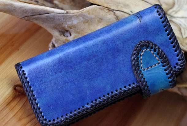 Handmade Tooled Chain Wallet biker wallet leather blue brown skull carved biker wallet Long wallet clutch for men