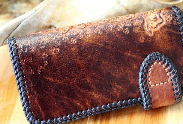 Handmade Tooled Chain Wallet biker wallet leather blue brown skull carved biker wallet Long wallet clutch for men