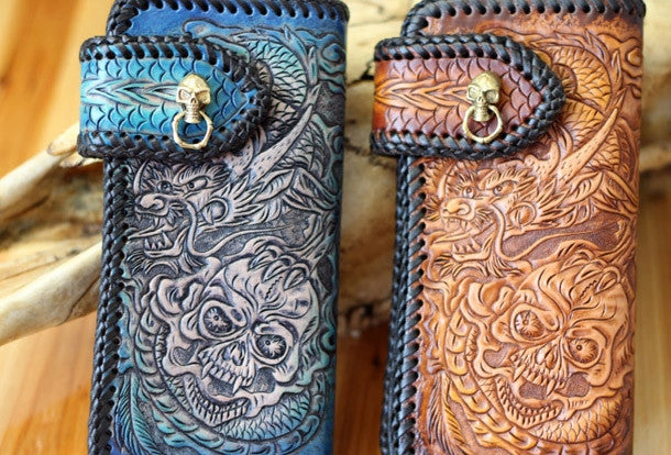Handmade Tooled Chain Wallet biker wallet leather blue brown skull carved biker wallet Long wallet clutch for men