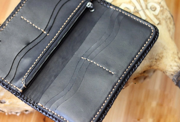 Handmade Tooled Chain Wallet biker wallet leather blue brown skull carved biker wallet Long wallet clutch for men