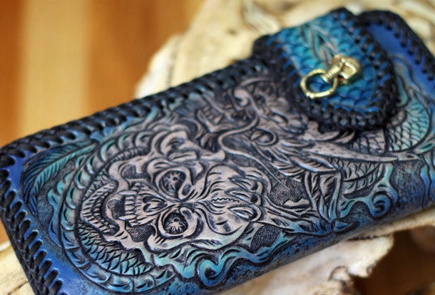 Handmade Tooled Chain Wallet biker wallet leather blue brown skull carved biker wallet Long wallet clutch for men