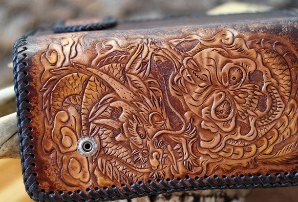 Handmade Tooled Chain Wallet biker wallet leather blue brown skull carved biker wallet Long wallet clutch for men