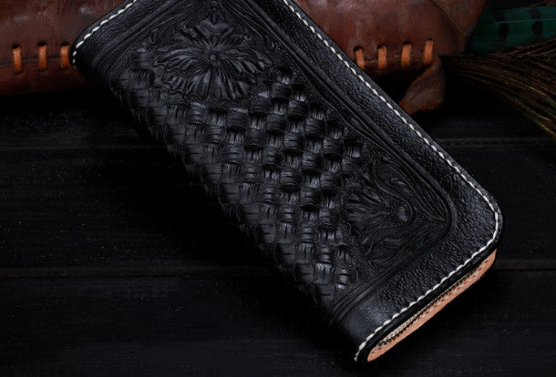 Handmade Tooled Long leather Black floral wallet leather men clutch Tooled wallet