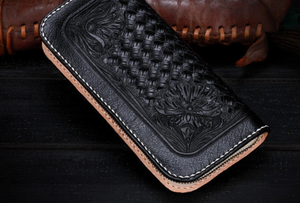 Handmade Tooled Long leather Black floral wallet leather men clutch Tooled wallet