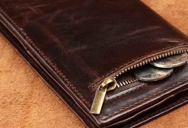 Handmade Vintage Bifold Coffee Men Leather Long wallet clutch purse For Men