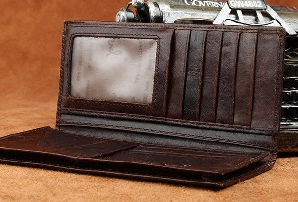 Handmade Vintage Bifold Coffee Men Leather Long wallet clutch purse For Men