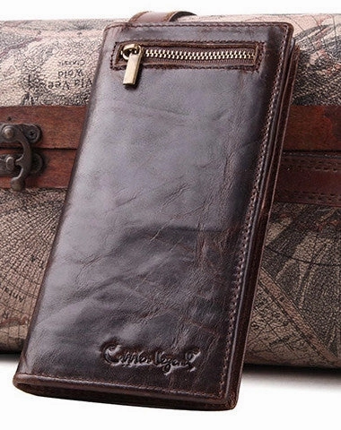 Handmade Vintage Bifold Coffee Men Leather Long wallet clutch purse For Men