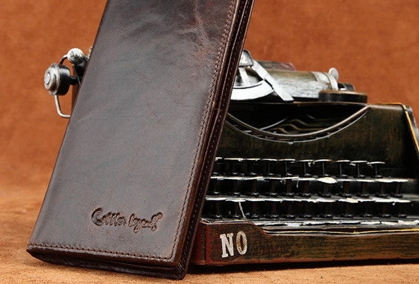 Handmade Vintage Bifold Coffee Men Leather Long wallet clutch purse For Men