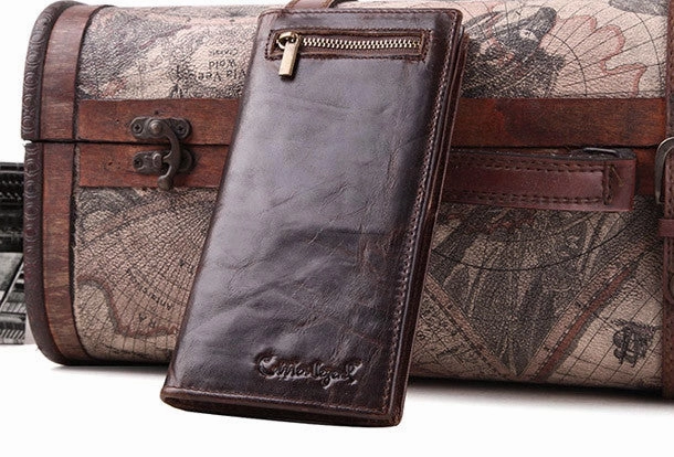 Handmade Vintage Bifold Coffee Men Leather Long wallet clutch purse For Men