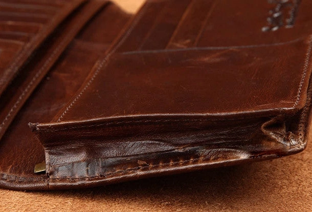 Handmade Vintage Bifold Coffee Men Leather Long wallet clutch purse For Men