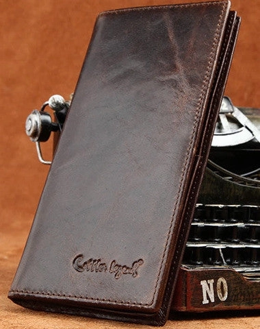 Handmade Vintage Bifold Coffee Men Leather Long wallet clutch purse For Men