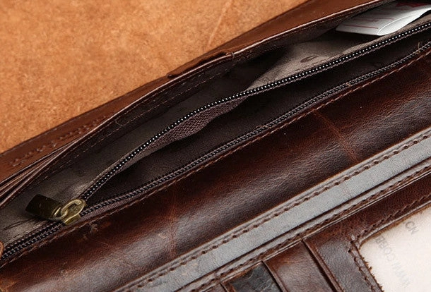 Handmade Vintage Bifold Coffee Men Leather Long wallet clutch purse For Men