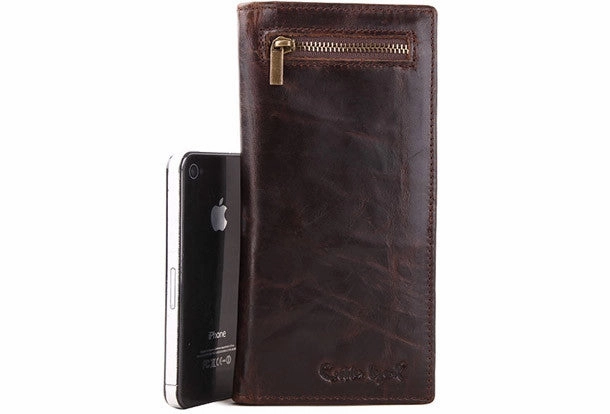 Handmade Vintage Bifold Coffee Men Leather Long wallet clutch purse For Men
