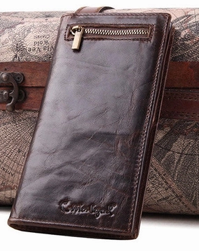 Handmade Vintage Bifold Coffee Men Leather Long wallet clutch purse For Men