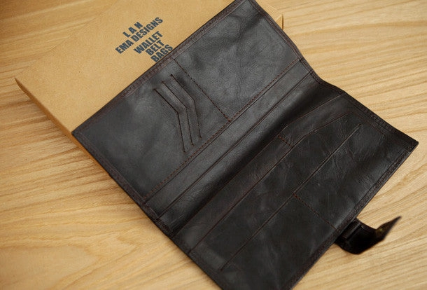 Handmade vintage brown leather clutch bag long wallet multi ID card holders slots for men